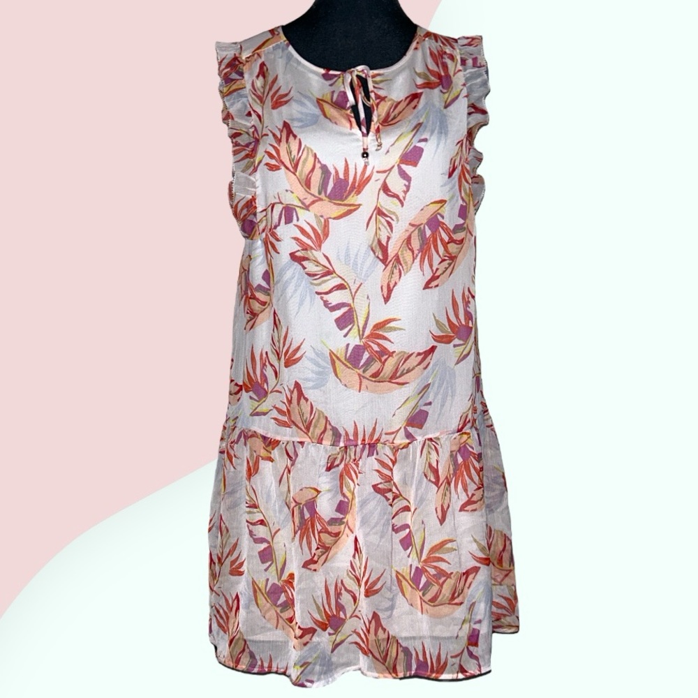 Kaari blue lightweight sheer body tropical floating feathers lined flowy hem